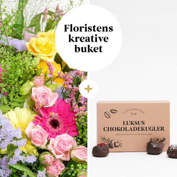 Floristens kreative buket med Flora og Evergreen Luksus chokoladekugler
